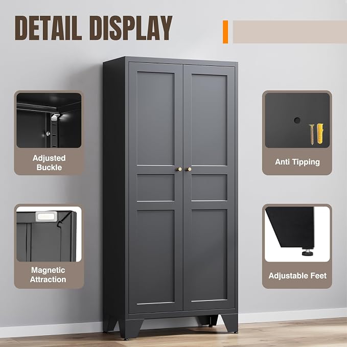 Yizosh Metal Pantry Cabinet,Tall Kitchen Pantry Storage Cabinet with Doors and Adjustable Shelves - 61" Black Cupboard Cabinet for Kitchen, Living Room,Dining Room,Home