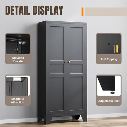 Yizosh Metal Pantry Cabinet,Tall Kitchen Pantry Storage Cabinet with Doors and Adjustable Shelves - 61" Black Cupboard Cabinet for Kitchen, Living Room,Dining Room,Home