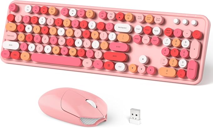 Dilter Wireless Keyboard and Mouse Combo, 104 Keys Full-Sized 2.4 GHz Round Keycap Colorful Keyboards, USB Receiver Plug and Play, for Windows, PC, Laptop, Desktop (Pink)