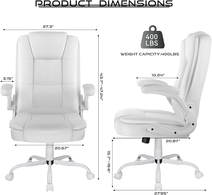 VITESSE Ergonomic Office Chair with Flip-up Armrests, Big and Tall Leather Executive Office Chair, High Back Lumbar Support Home Computer Desk Chair, Heavy and Duty Computer Chair (White)