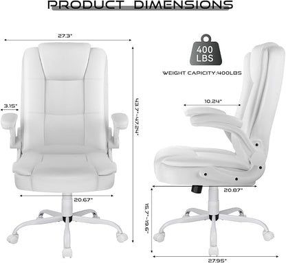 VITESSE Ergonomic Office Chair with Flip-up Armrests, Big and Tall Leather Executive Office Chair, High Back Lumbar Support Home Computer Desk Chair, Heavy and Duty Computer Chair (White)