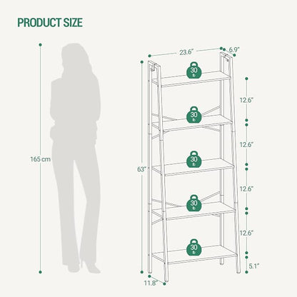 Hzuaneri Ladder Shelf, Bookshelf Bookcase, Freestanding Corner Storage Shelve with 2 Hooks for Home Office, Living Room, Kitchen, Bedroom, Industrial, 11.8" D x 23.6" W x 63" H, Rustic Brown BC19301B