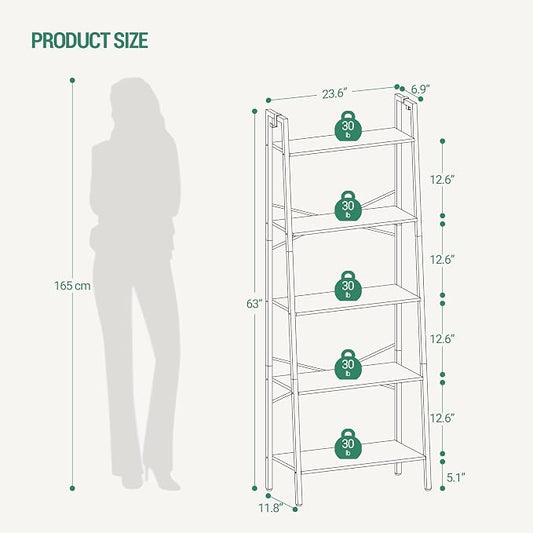Hzuaneri Ladder Shelf, Bookshelf Bookcase, Freestanding Corner Storage Shelve with 2 Hooks for Home Office, Living Room, Kitchen, Bedroom, Industrial, 11.8" D x 23.6" W x 63" H, Rustic Brown BC19301B