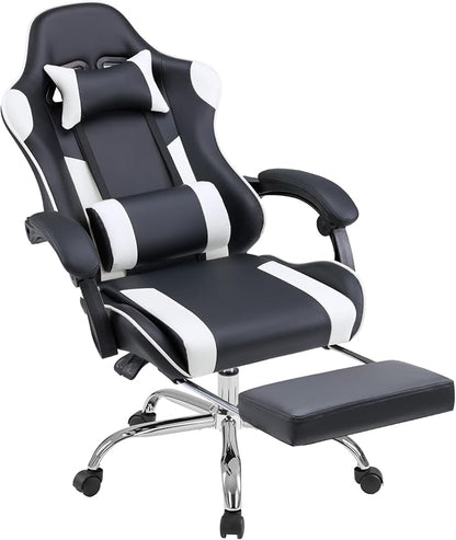 NEWBULIG Gaming Chair with Footrest – Ergonomic High-Back with Lumbar & Headrest Support, Comfy PU Leather Recliner with Linkage Armrests, Adjustable Height, 360° Swivel, White