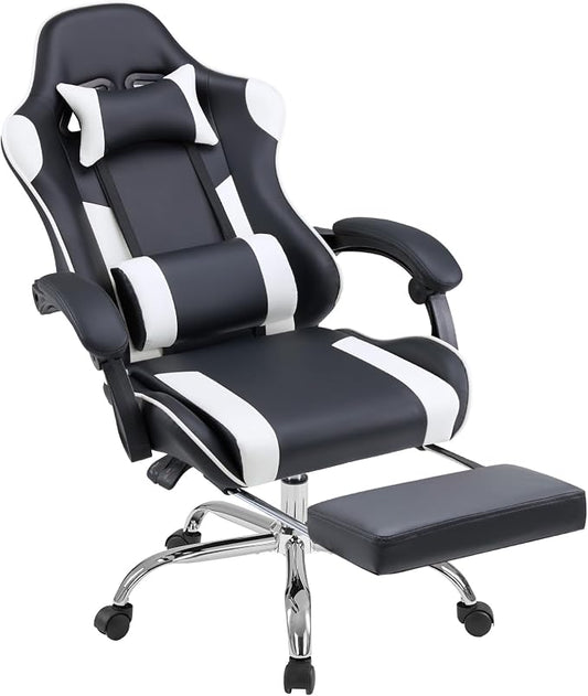 NEWBULIG Gaming Chair with Footrest – Ergonomic High-Back with Lumbar & Headrest Support, Comfy PU Leather Recliner with Linkage Armrests, Adjustable Height, 360° Swivel, White