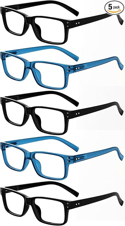 Eyekepper Vintage Reading Glasses for Men - 3 Pairs Black and 2 Pairs Blue - Spring Hinges Classic Readers +4.00