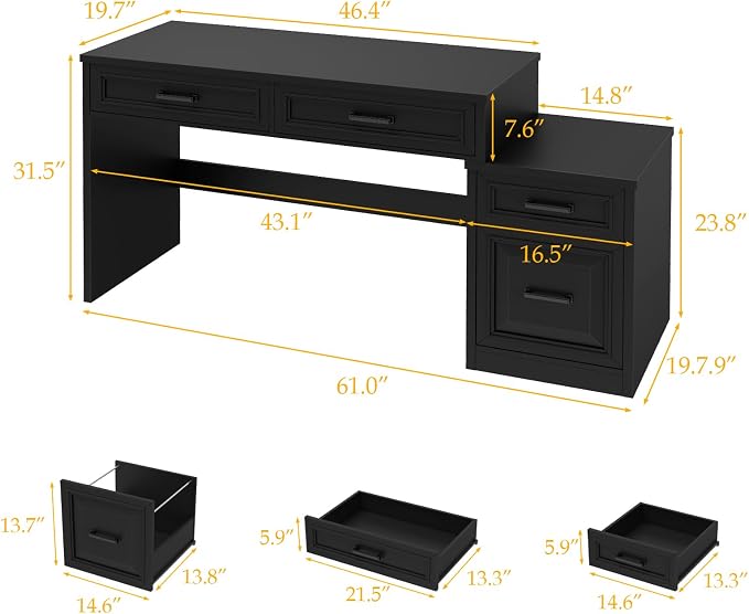 Vabches 61" Farmhouse Computer Desk with Storage and File Drawer, Executive Desks with Printer Stand, Rustic Large Home Writing Desk for Home Office.Black