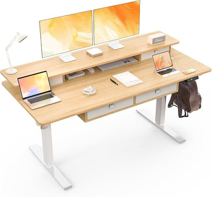 63 * 30 Inches Electric Standing Desk Adjustable Height with 4 Drawers, Double Storage Shelves Stand Up Desk, Home Office Workstation Sit Stand Desk (Nature)