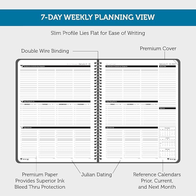 Planner Pad Spiral Bound January-December 2027/ Calender Year 8 1/2" x 11" Large 3-Tier Funnel Down 12 Month/Weekly Organizer, Black Cover/Black Ink
