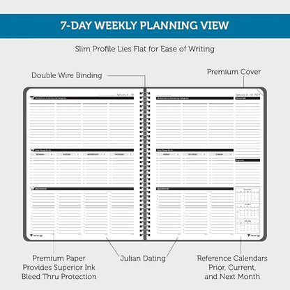 Planner Pad Spiral Bound January-December 2027/ Calender Year 8 1/2" x 11" Large 3-Tier Funnel Down 12 Month/Weekly Organizer, Black Cover/Black Ink