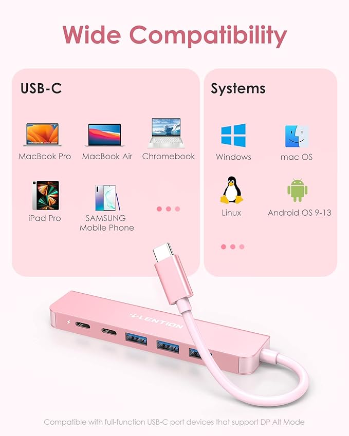 LENTION 6-in-1 USB C Hub, 4K@60Hz HDMI, 100W PD, 3 USB 3.0, USB-C Data | Ideal for Work & Study, Stable Driver 3.0 Certified, Compatible with macOS, iOS/iPadOS, Windows & ChromeOS (CE35p, Rose Gold)