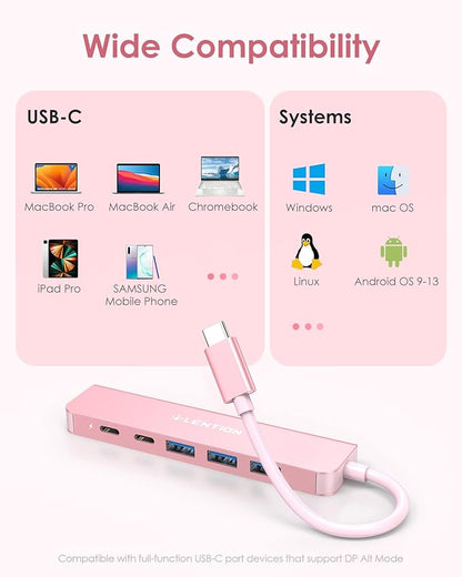 LENTION 6-in-1 USB C Hub, 4K@60Hz HDMI, 100W PD, 3 USB 3.0, USB-C Data | Ideal for Work & Study, Stable Driver 3.0 Certified, Compatible with macOS, iOS/iPadOS, Windows & ChromeOS (CE35p, Rose Gold)