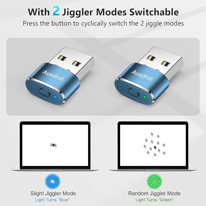 AUEDROT Mouse Jiggler Undetectable Metal USB Mouse Mover with Switch Button, Automatic Mini Mouse Shaker with 2 Jiggle Modes, Driver-Free, Plug and Play, Keep Computer/Laptop Awake, Blue, 2 PCS