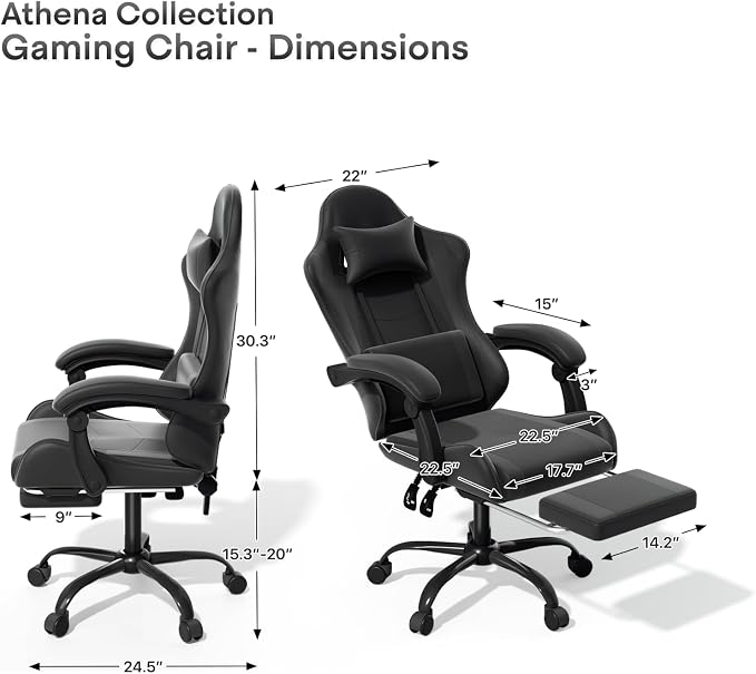 Athena Collection Ergonomic Gaming Chair with Footrest & Headrest Lumbar Support, Height Adjustable Swivel Office Chair Reclining Game Chair High Back Computer Chair for Adults, Carbon Fiber Black