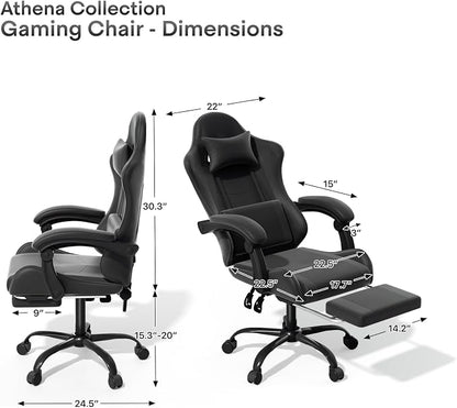 Athena Collection Ergonomic Gaming Chair with Footrest & Headrest Lumbar Support, Height Adjustable Swivel Office Chair Reclining Game Chair High Back Computer Chair for Adults, Carbon Fiber Black