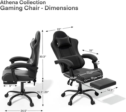Athena Collection Ergonomic Gaming Chair with Footrest & Headrest Lumbar Support, Height Adjustable Swivel Office Chair Reclining Game Chair High Back Computer Chair for Adults, Carbon Fiber Black