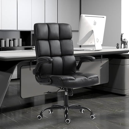 ECOTOUGE Executive Office Chair, PU Leather Ergonomic Comfy Desk Chair, High Back Computer Chair with Adjustable Tilt Angle and Flip-up Arms (Without Footrest Black)