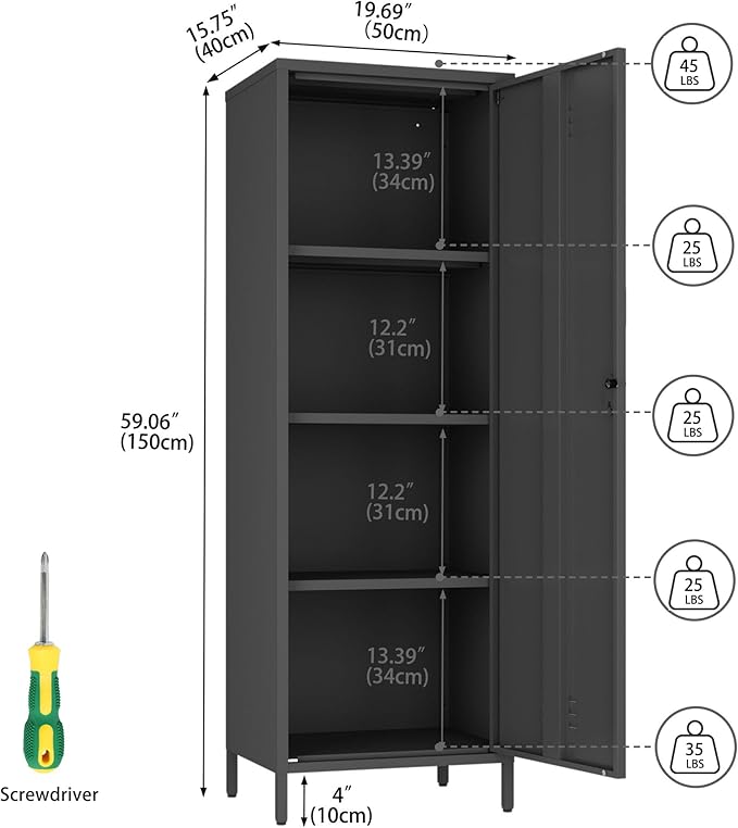 Steehoom Metal Locker Cabinet with Lock, Lockable Single Door Storage Cabinet Steel File Locker with 3 Adjustable Shelves for Living Room, School, Garage, Home, Office, Pantry (Black, H59.06'')