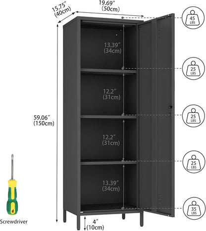Steehoom Metal Locker Cabinet with Lock, Lockable Single Door Storage Cabinet Steel File Locker with 3 Adjustable Shelves for Living Room, School, Garage, Home, Office, Pantry (Black, H59.06'')