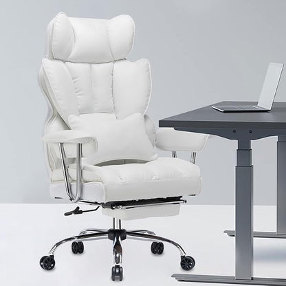 Efomao Big and Tall Office Chair, 400lbs Heavy Duty High Back Executive Chair with 23.6" Extra Wide Seat, PU Leather Desk Chair with Footrest and Padded Armrests, White