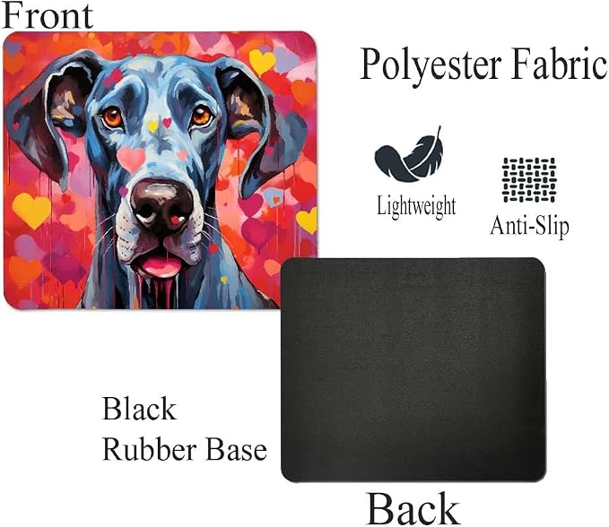 Great Dane Mouse Pad Dog with Red Hearts Pattern Non-Slip Rubber Mouse Pad Puppy in Love Mouse Pad for Home Office Work Desk Computer Desktop Laptop for Dog Lovers