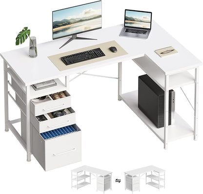 Maihail 47" Computer Desk with Drawers, Desks for Bedrooms, Writing Desk with Storage, Work Desk for Small Space, White