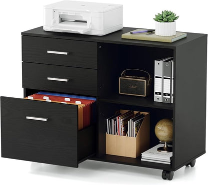VINGLI 3 Drawer Wood Lateral File Cabinet with Adjustable Shelves & Locking Wheels, Printer Stand with Drawers for Letter Size Files, Sturdy Black File Cabinets for Home Office, Study & Business