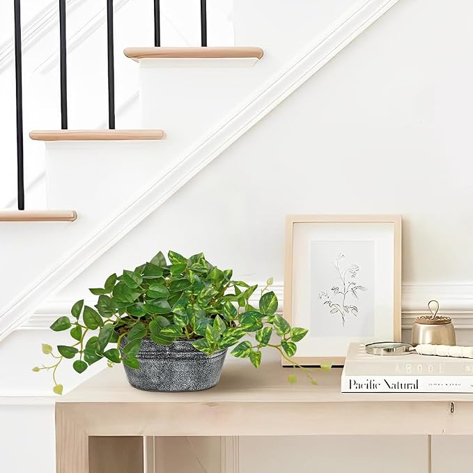 Artificial Plants Indoor 5.9" Faux Plant in Metal Pot, Small Fake Potted Plants with 2 Mixed Leaves Greenery Silk Plant for Living Room Desk Office Table Kitchen Farmhouse Shelf Home Vintage Decor