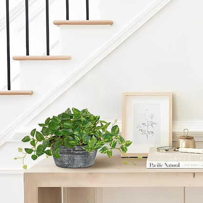 Artificial Plants Indoor 5.9" Faux Plant in Metal Pot, Small Fake Potted Plants with 2 Mixed Leaves Greenery Silk Plant for Living Room Desk Office Table Kitchen Farmhouse Shelf Home Vintage Decor