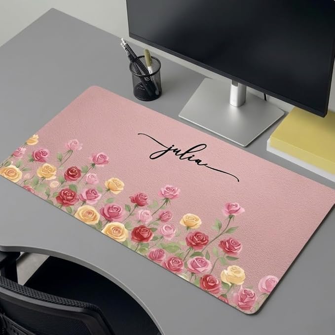 Personalized Birth Flower & Name Desk Mat - Floral Mouse Pad for Her, Coworker, Friend, Teacher, Large Desk Mat, Slip PU Leather Blotter, Leather Desk Protector, Office Appreciation Gifts