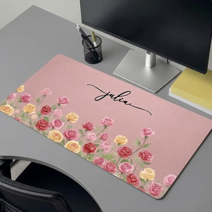 Personalized Birth Flower & Name Desk Mat - Floral Mouse Pad for Her, Coworker, Friend, Teacher, Large Desk Mat, Slip PU Leather Blotter, Leather Desk Protector, Office Appreciation Gifts