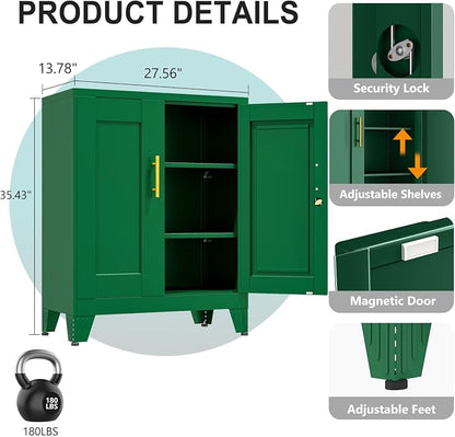 pozdeg 35.43" Metal Storage Cabinet with Lock, Metal File Cabinet with 2 Doors ＆ 2 Adjustable Shelves, Steel Locker Utility Tool Garage Cabinets for Home, Office, Warehouse (Green)