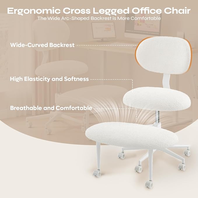 Pinmoco Ergonomic Cross Legged Office Chair with Wheels, ADHD Chair for Adults, Meditation Chair, Yoga Office Chair, Comfortable Back Support, Height Adjustable,Small Spaces, Teddy Fabric, White