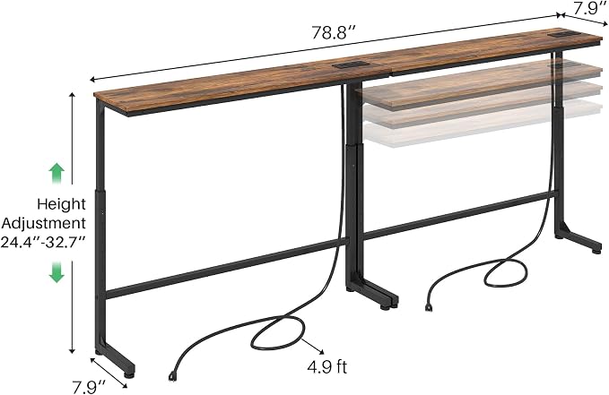 Kitstorack Narrow Sofa Table with Charging Station, 78.8" Behind Couch Table, Adjustable 24.4"-32.7" Height, Modular 2-piece Design for sectionals, entryways, Apartments, and Narrow Living Spaces