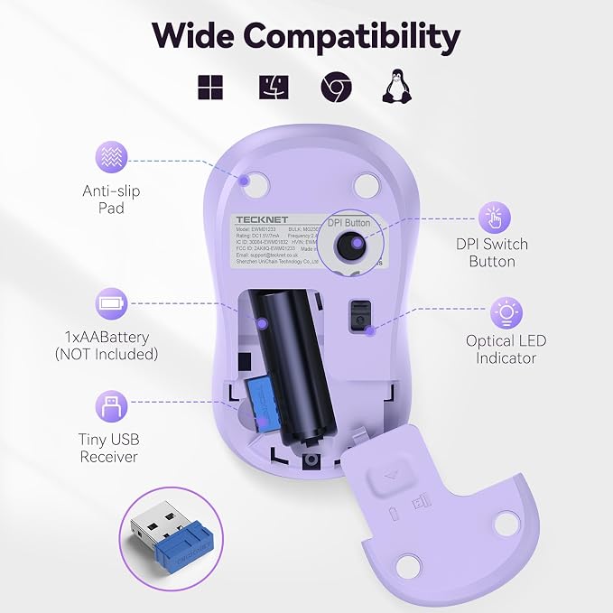 TECKNET Wireless Mouse for Laptop, 2.4G Silent Computer Mouse Quiet Click with 5 DPI Levels,Contoured Grip,Small Portable 30 Months Battery Cordless Mice for PC, Chromebook, Mac - Light Purple
