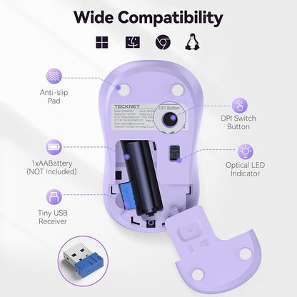 TECKNET Wireless Mouse for Laptop, 2.4G Silent Computer Mouse Quiet Click with 5 DPI Levels,Contoured Grip,Small Portable 30 Months Battery Cordless Mice for PC, Chromebook, Mac - Light Purple