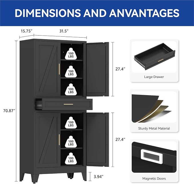 COFaR 71'' Tall Metal Pantry Cabinet with Drawer, Kitchen Storage Cabinet with 4 Doors and Shelves, Freestanding Farmhouse Food Cupboard for Kitchen Dinning Room Garage, Black 6-Tier