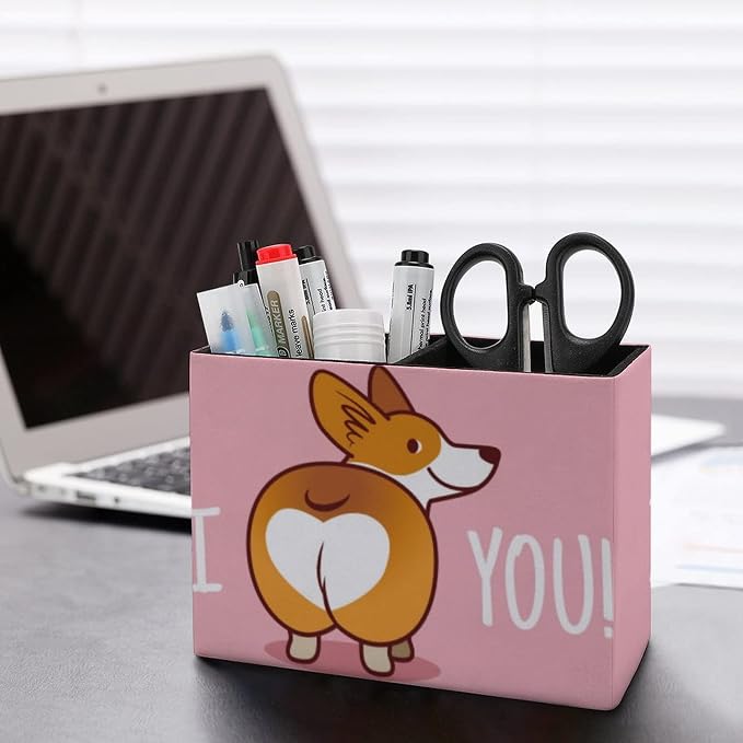 Niapessel Pencil Holder for Desk, Cute Corgi Dog Pen Holder Storage Desktop Pen Organizer Desk Pencil Organizer Makeup Brush Holder for Office School College Leather