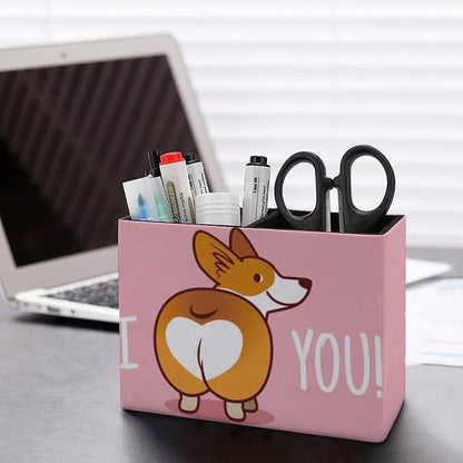 Niapessel Pencil Holder for Desk, Cute Corgi Dog Pen Holder Storage Desktop Pen Organizer Desk Pencil Organizer Makeup Brush Holder for Office School College Leather