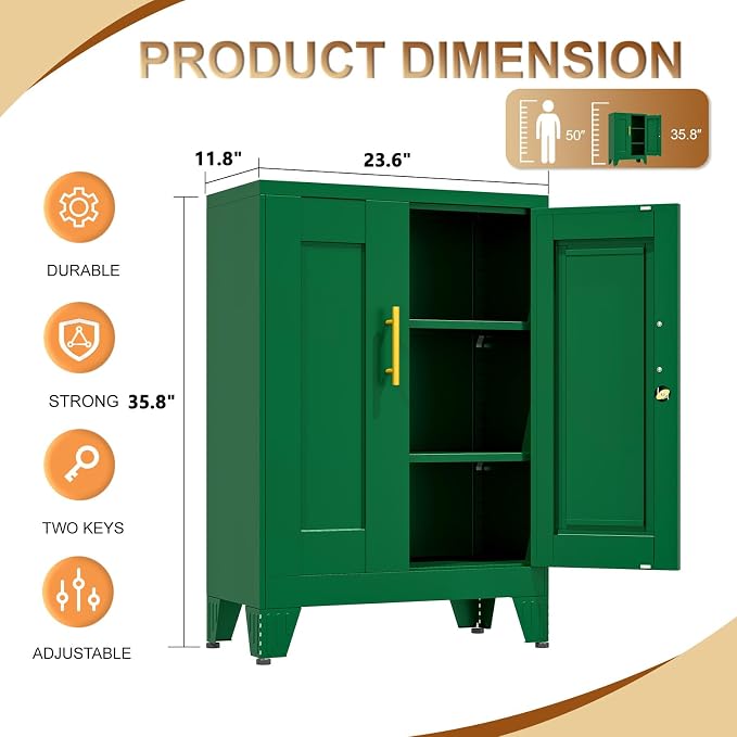 36" Metal Garage Storage Cabinet with Lock,Lockable Office File Cabinet with 2 Doors and 2 Adjustable Shelves,Outdoor Steel Locker Organizer for Home Office,Gym,School,Warehouse(Green)