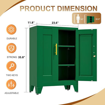 36" Metal Garage Storage Cabinet with Lock,Lockable Office File Cabinet with 2 Doors and 2 Adjustable Shelves,Outdoor Steel Locker Organizer for Home Office,Gym,School,Warehouse(Green)
