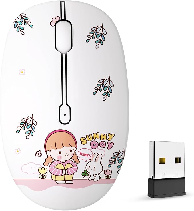 FMOUSE Cute Wireless Mouse Dual Mode with 2.4GHz USB Receiver and Bluetooth Connection for Laptop, iPad, Mac, AA Battery Silent Cartoon Cordless Mice for Kids and Students (Rabbit & Girl)