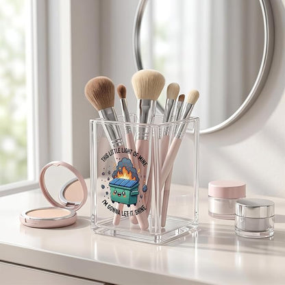 Funny Dumpster Fire Pen Holder for Desk - Response Team & This Little Light of Mine - Clear Acrylic Makeup Brush Holder, Sarcastic Office Decor, Relatable Coworker Gag Gift for Women Men Boss