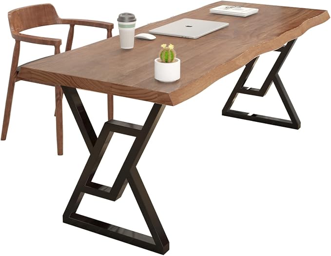 55 Inch Real Wood Desk for Home Office, Solid Pine Writing Desk with Natural Live Edge, Rustic Computer Desk with Industrial Metal Legs, Large Workstation Table for Study, Gaming and Dining