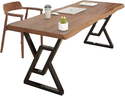 55 Inch Real Wood Desk for Home Office, Solid Pine Writing Desk with Natural Live Edge, Rustic Computer Desk with Industrial Metal Legs, Large Workstation Table for Study, Gaming and Dining
