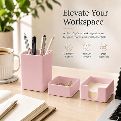 minimaliving Aesthetic Silicone Desk Organizer Set of 3,Modern Office Desk Accessories with Pen Holder,Paperclip Tray,Sticky Note Holder,Stylish Functional Office Desk Decor for Back-to-school(Pink)