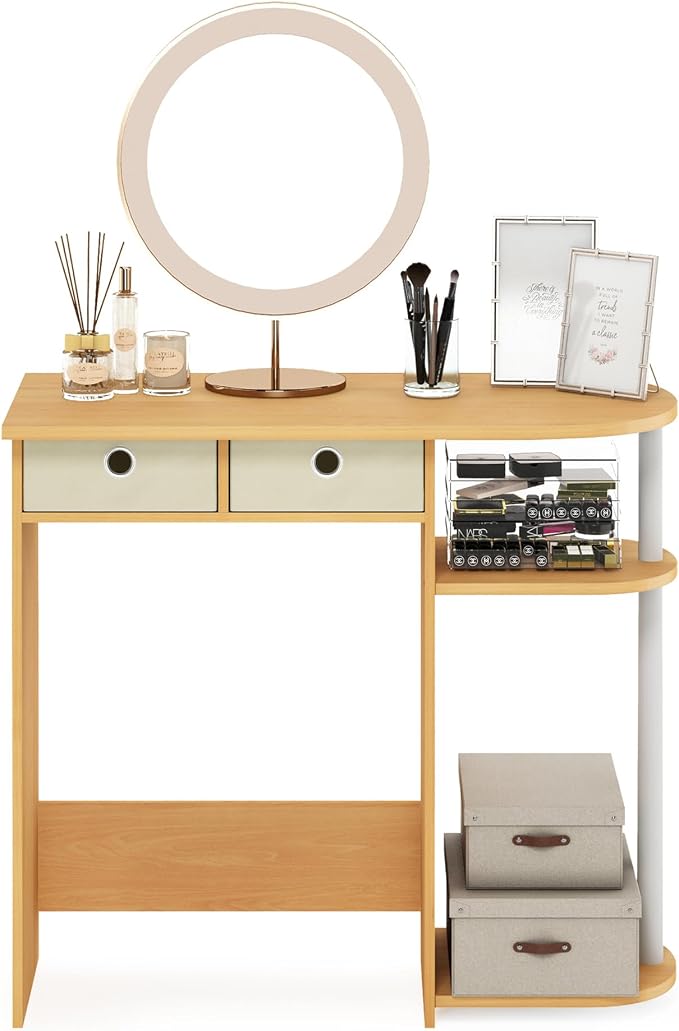 Furinno Go Green 32-Inch Oak Computer Desk, Office Desk with 2 Side Shelves and Storage Bins, Rectangular Home Office Desk, Gaming Desk for Home Office, Bedroom, Study Room, Light Beech