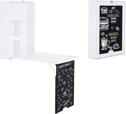 Wall Floating Desk with Storage, Foldable Hidden Desk with A Blackboard, Hideaway Fold Out Desk, Pull Out Murphy Table, Wooden Writing Table for Home Office Bedroom Small Spaces Apartment (White,)