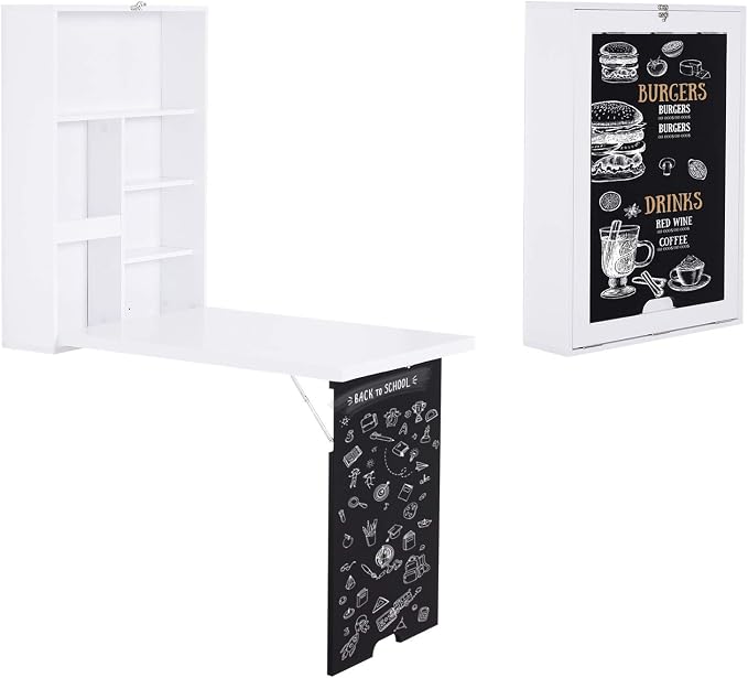 Foldable Wall Mounted Desk with Storage Shelves, Fold Out Convertible Computer Table with Blackboard, Folding Writing Table Workstation for Small Spaces,Home Office (White-a)