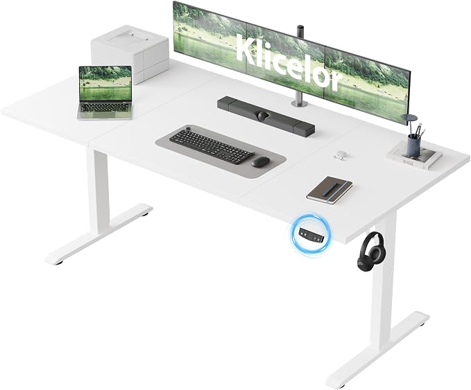 Klicelor 63 Inch Large Electric Standing Desk, Height Adjustable Office Desk, Sit Stand Up Computer Gaming Desk with Memory Preset, Three-Piece Desktop, White